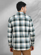 Men Brushed Flannel Sky Blue, Green and White Checkered Classic Fit Smart Casual Shirt