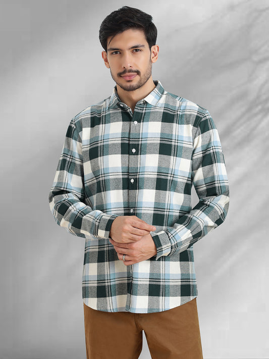 Men Brushed Flannel Sky Blue, Green and White Checkered Classic Fit Smart Casual Shirt