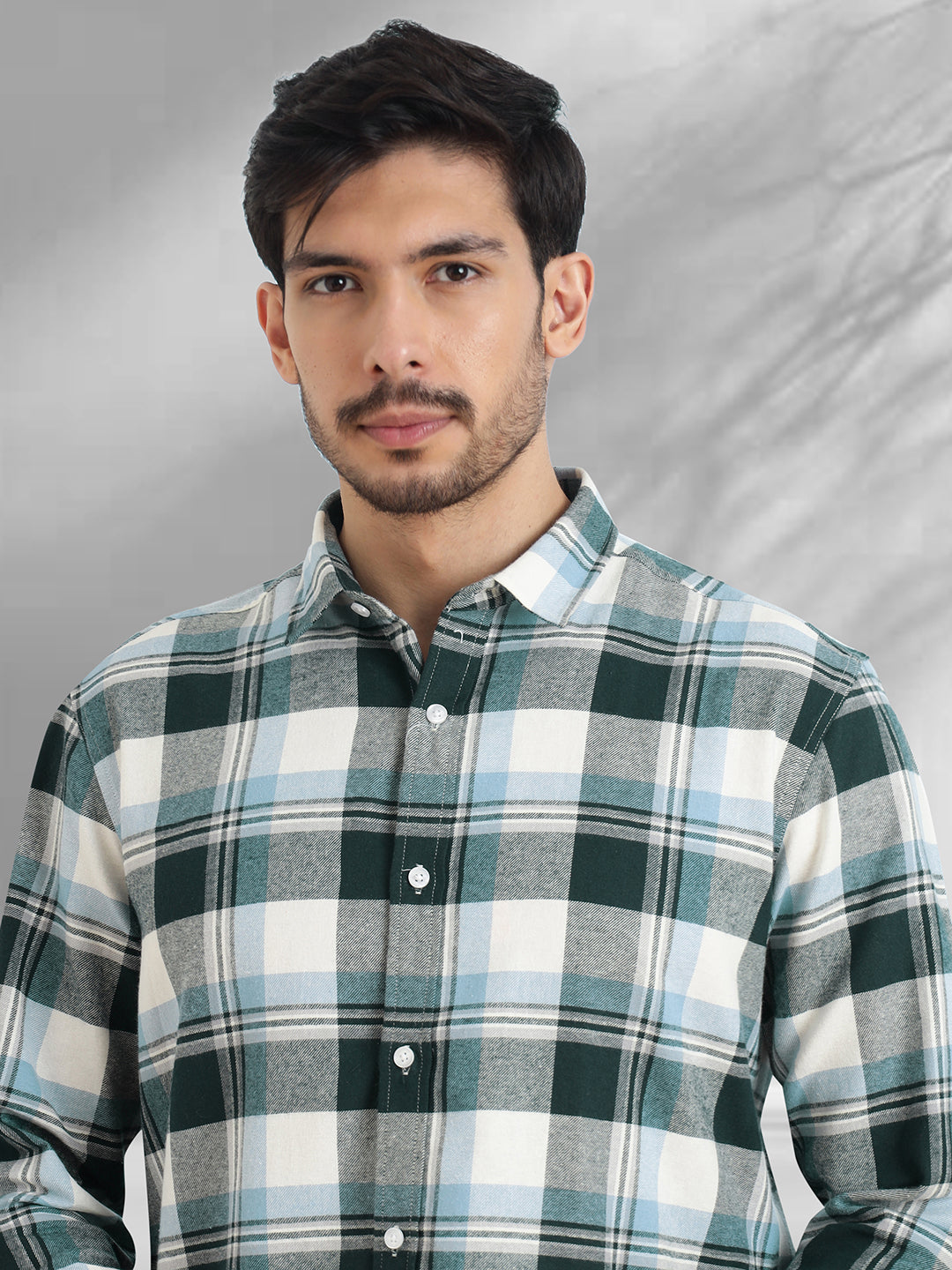 Men Brushed Flannel Sky Blue, Green and White Checkered Classic Fit Smart Casual Shirt