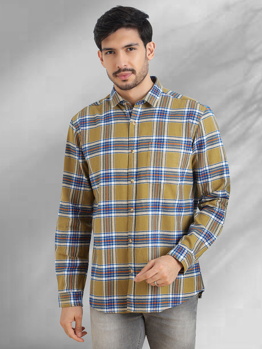Men Brushed Flannel Khaki Navy and White Checkered Classic Fit Smart Casual Shirt