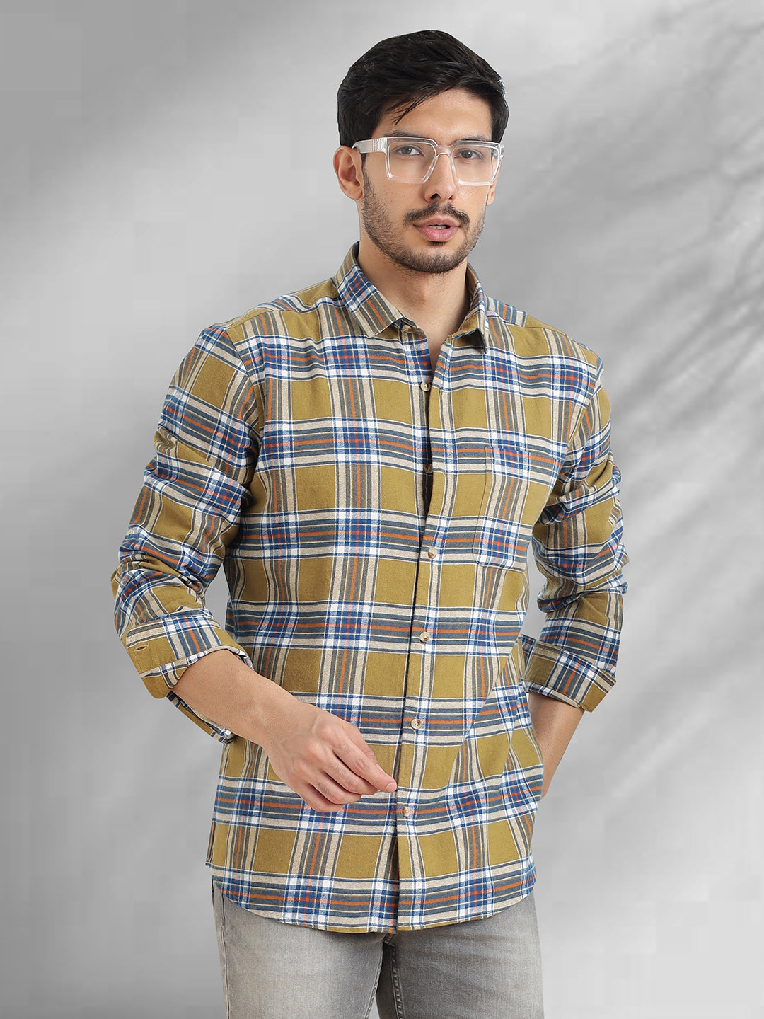 Men Brushed Flannel Khaki Navy and White Checkered Classic Fit Smart Casual Shirt