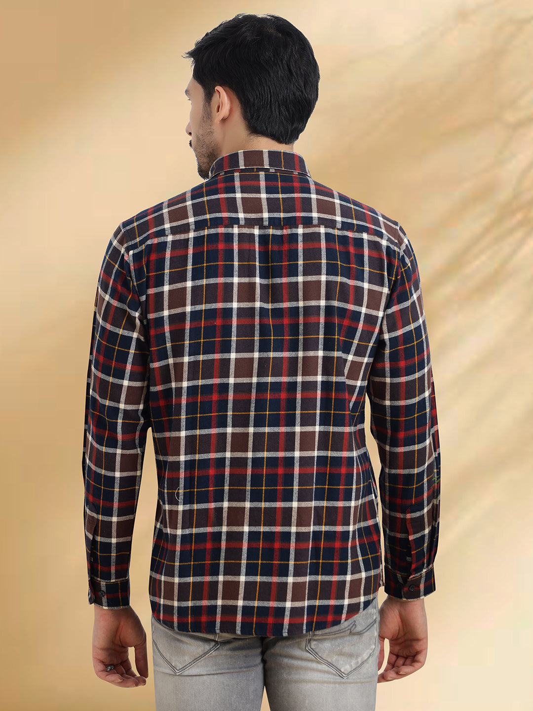 Men Brushed Flannel Navy Coffee and Maroon Checkered Classic Fit Smart Casual Shirt