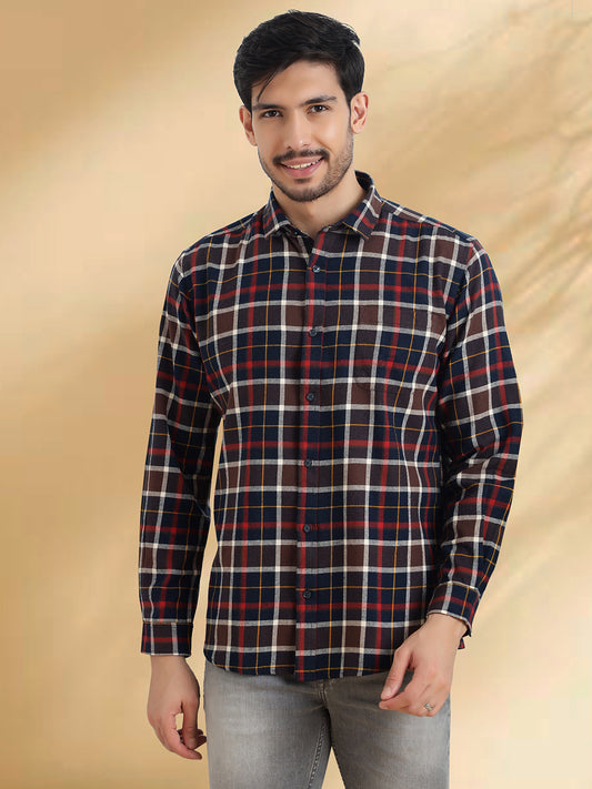 Men Brushed Flannel Navy Coffee and Maroon Checkered Classic Fit Smart Casual Shirt