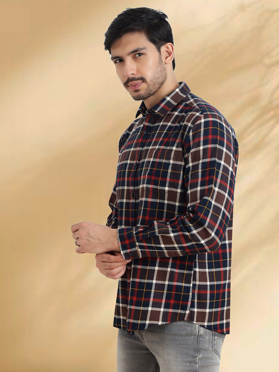 Men Brushed Flannel Navy Coffee and Maroon Checkered Classic Fit Smart Casual Shirt