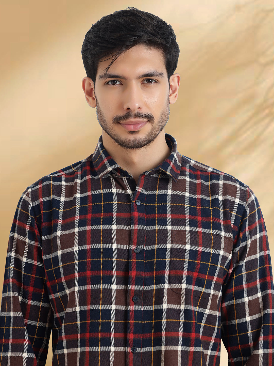 Men Brushed Flannel Navy Coffee and Maroon Checkered Classic Fit Smart Casual Shirt