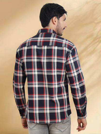 Men Navy, Maroon and White Checkered Classic Fit Smart Casual Shirt