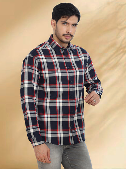 Men Navy, Maroon and White Checkered Classic Fit Smart Casual Shirt
