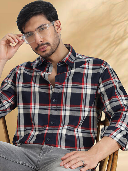 Men Navy, Maroon and White Checkered Classic Fit Smart Casual Shirt