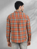 Men Brushed Flannel Rust, Navy and Green Checkered Classic Fit Smart Casual Shirt