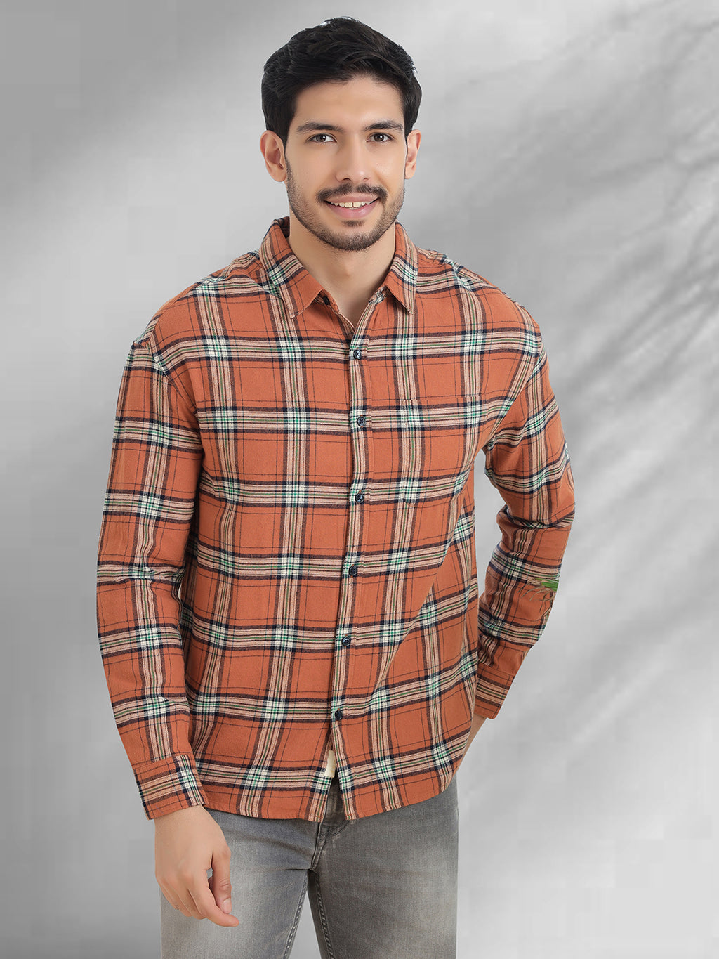 Men Brushed Flannel Rust, Navy and Green Checkered Classic Fit Smart Casual Shirt
