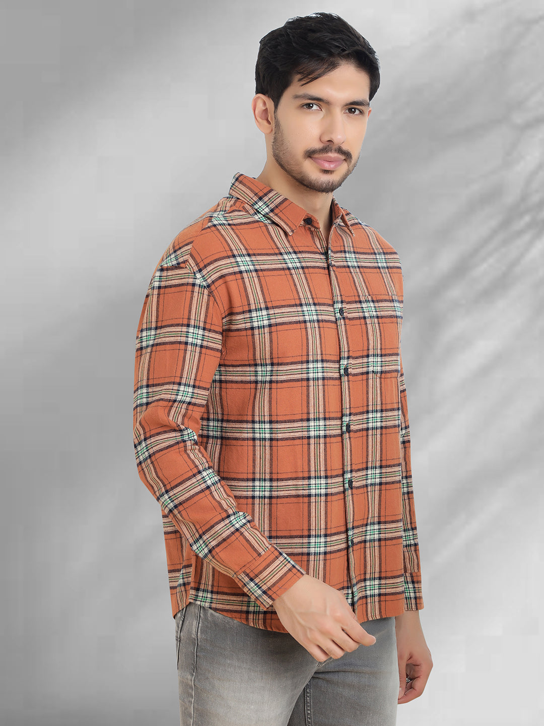 Men Brushed Flannel Rust, Navy and Green Checkered Classic Fit Smart Casual Shirt