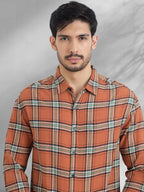Men Brushed Flannel Rust, Navy and Green Checkered Classic Fit Smart Casual Shirt