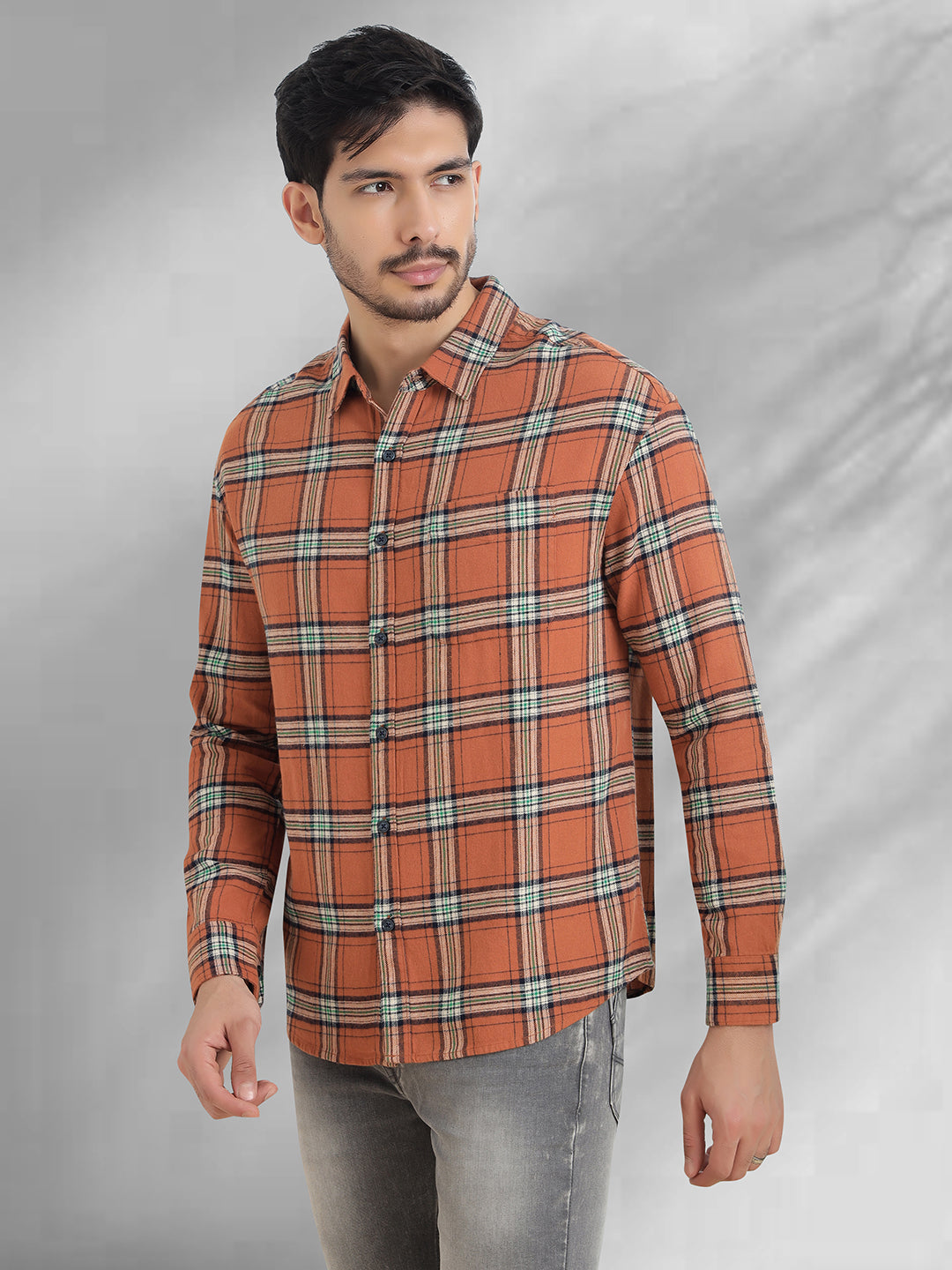 Men Brushed Flannel Rust, Navy and Green Checkered Classic Fit Smart Casual Shirt