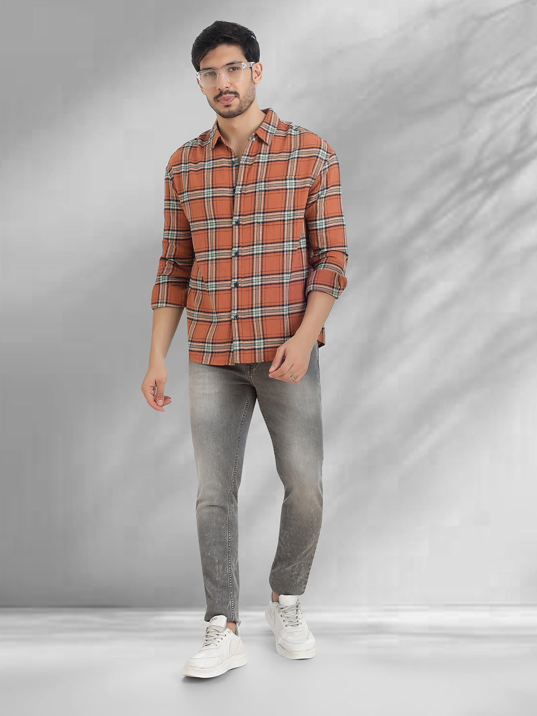 Men Brushed Flannel Rust, Navy and Green Checkered Classic Fit Smart Casual Shirt