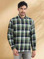 Men Brushed Flannel Dark Green, Navy and White Checkered Classic Fit Smart Casual Shirt