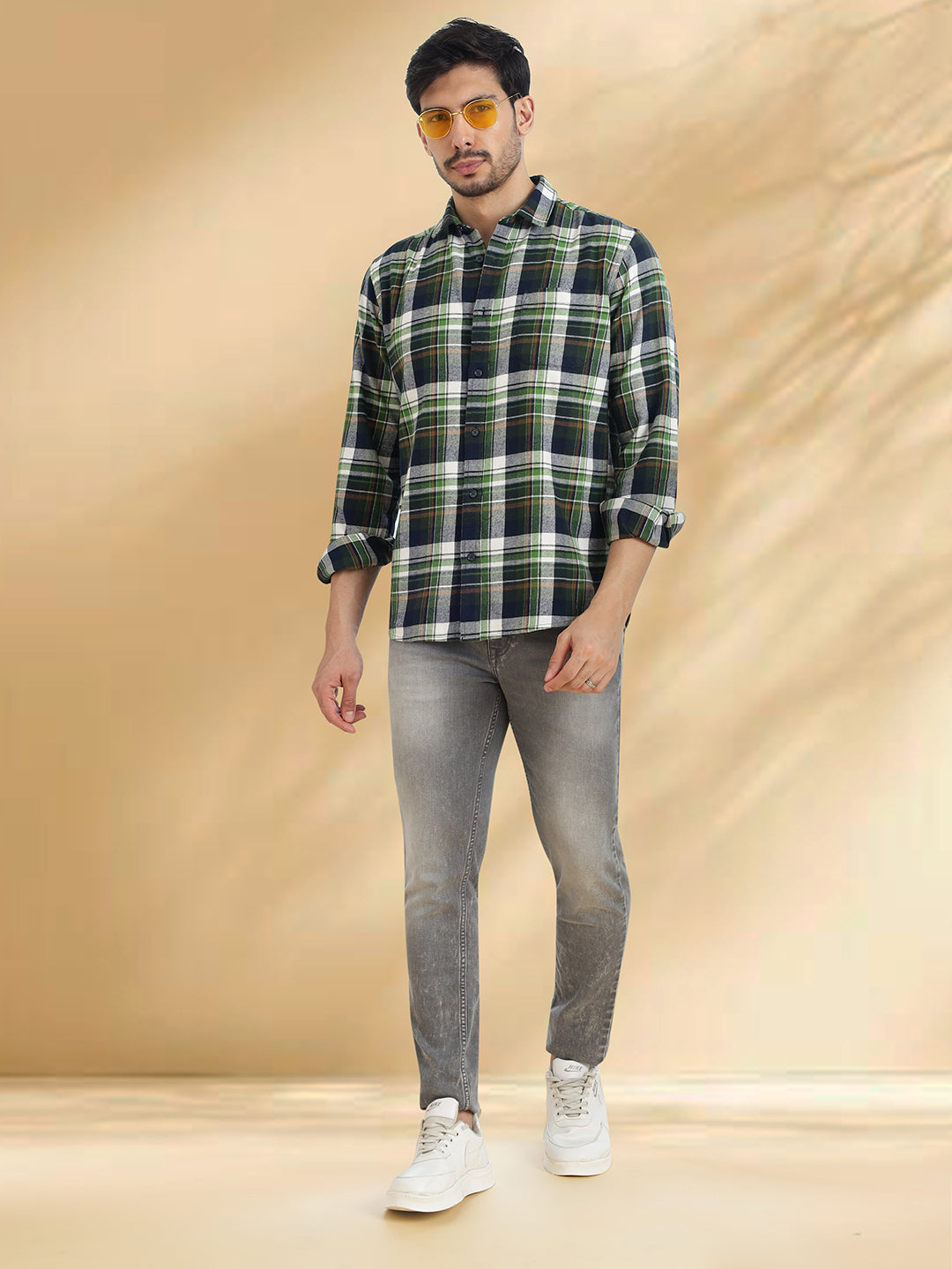 Men Brushed Flannel Dark Green, Navy and White Checkered Classic Fit Smart Casual Shirt