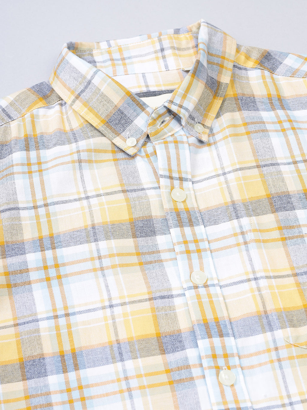 Men Brushed Flannel Yellow, Sky Blue and Blue Checkered Classic Fit Smart Casual Shirt