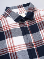 Men Brushed Flannel Navy Maroon and White Checkered Classic Fit Smart Casual Shirt
