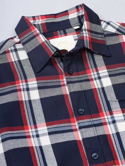 Men Navy, Maroon and White Checkered Classic Fit Smart Casual Shirt