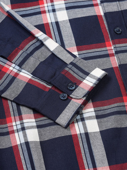 Men Navy, Maroon and White Checkered Classic Fit Smart Casual Shirt