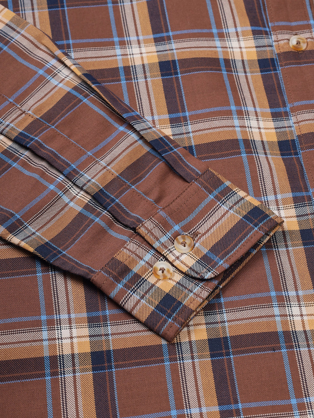 Men Brushed Flannel Brown, Navy and Sky Blue Checkered Classic Fit Smart Casual Shirt