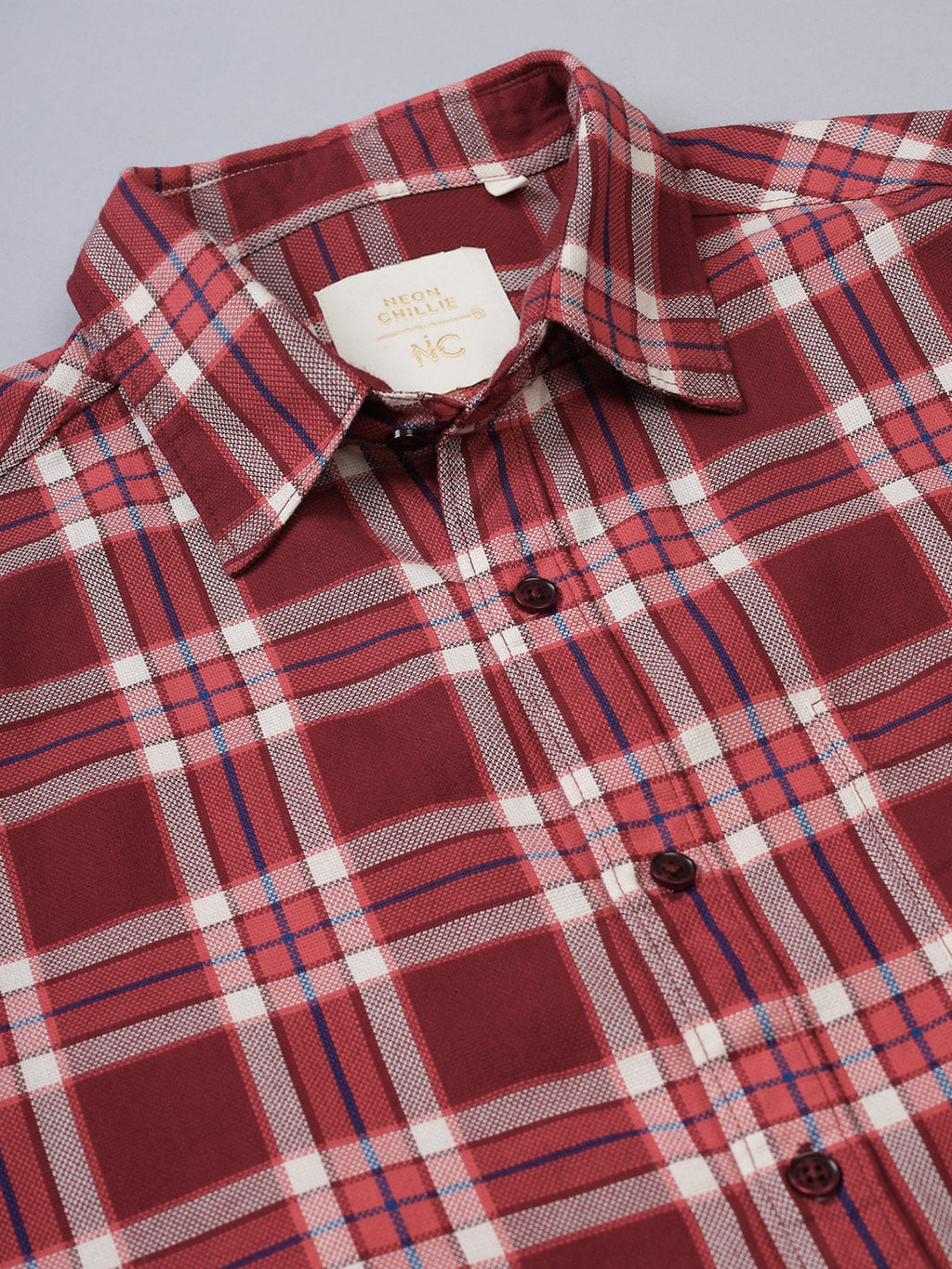 Men Maroon and White Cotton Checkered Classic Fit Smart Casual Shirt