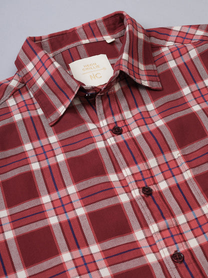 Men Maroon and White Cotton Checkered Classic Fit Smart Casual Shirt