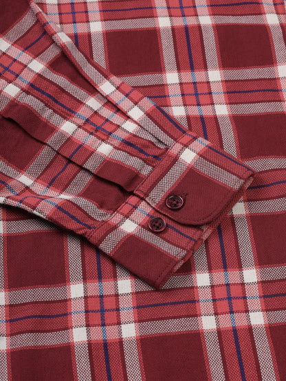Men Maroon and White Cotton Checkered Classic Fit Smart Casual Shirt