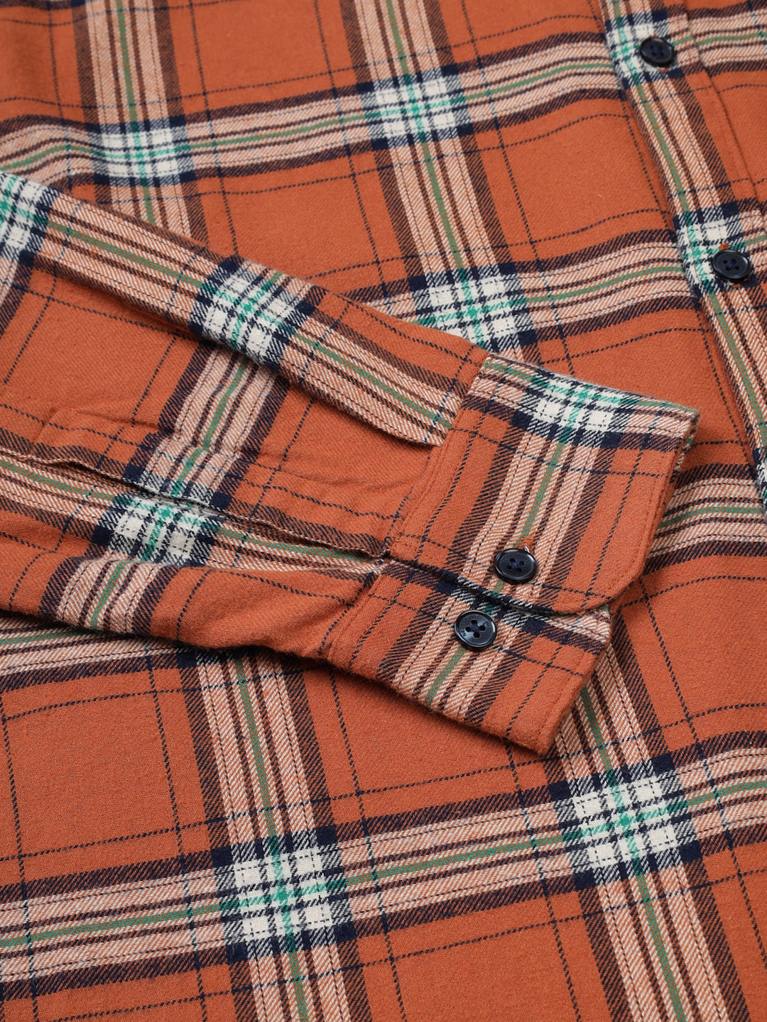 Men Brushed Flannel Rust, Navy and Green Checkered Classic Fit Smart Casual Shirt