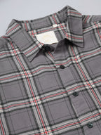 Men Brushed Flannel Grey, Navy and White Checkered Classic Fit Smart Casual Shirt