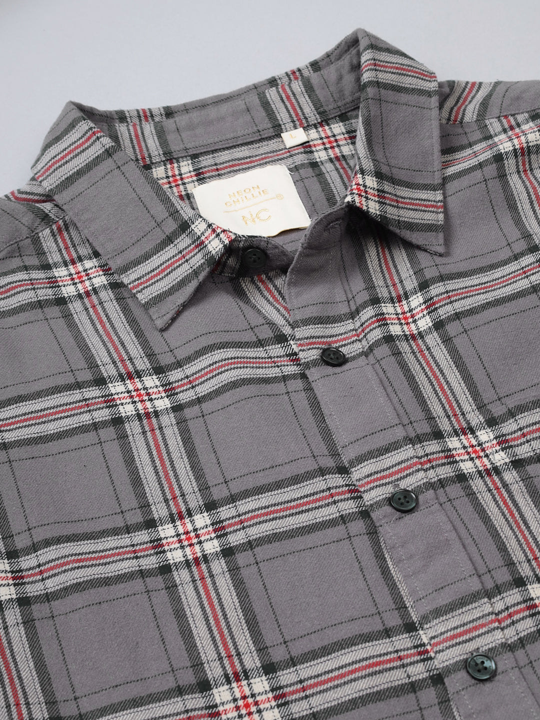 Men Brushed Flannel Grey, Navy and White Checkered Classic Fit Smart Casual Shirt