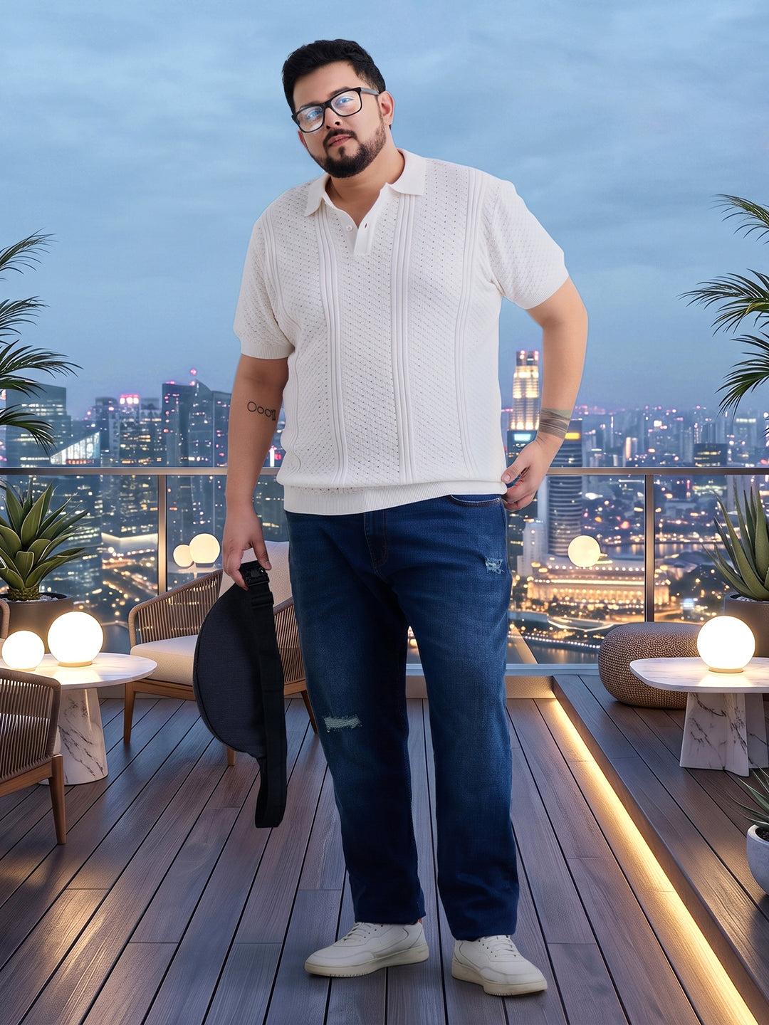 Neon Chillie Men's Plus Size Half Sleeve Polo Ribbed T Shirt - 144-White