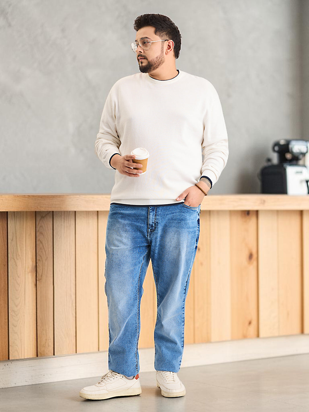 Flat Knit Full Sleeve Polo Ribbed T Shirt  - White - Style 133