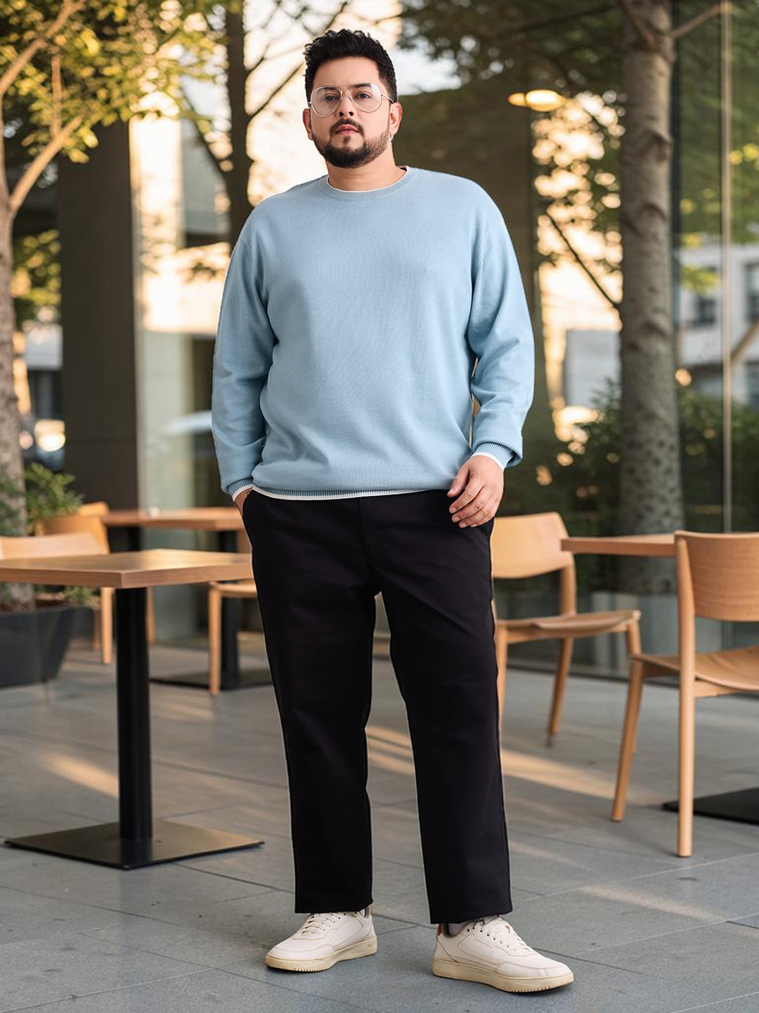 Flat Knit Full Sleeve Polo Ribbed T Shirt  - Light Blue - Style 133