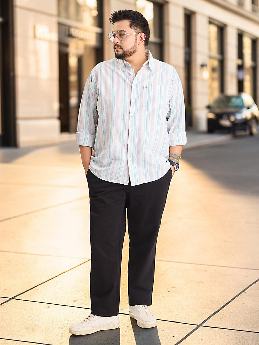 Plus Size Cotton 1 Pocket Regular Fit Smart Casual Shirt  - Aqua Blue - Style 1266
