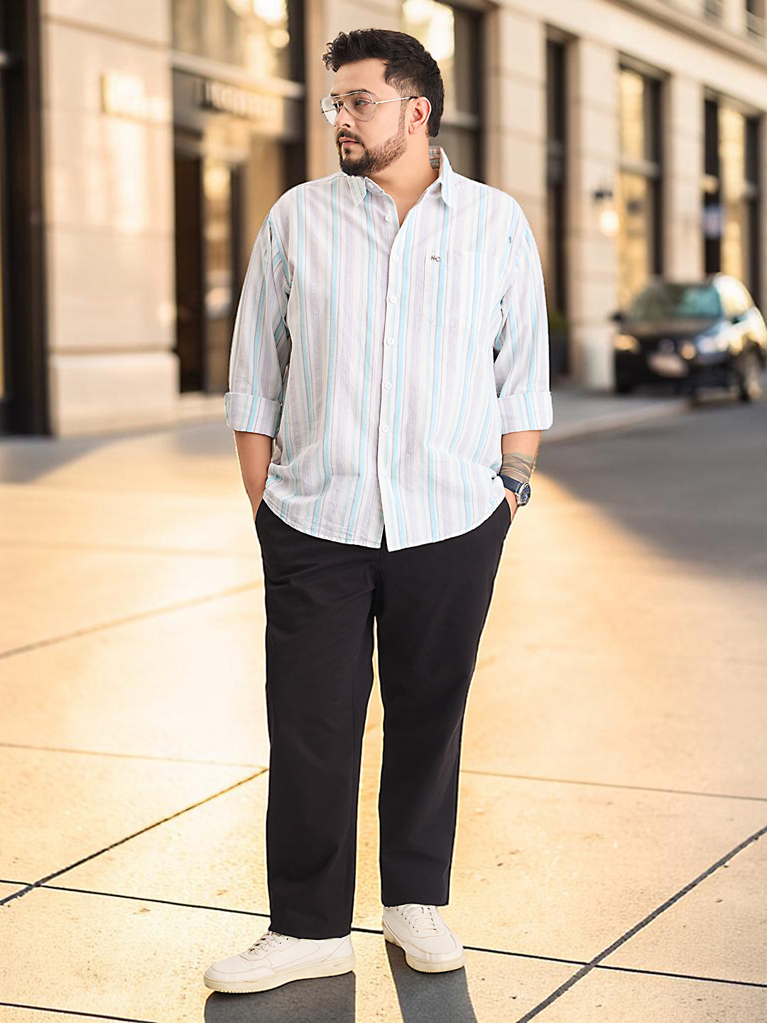 Plus Size Cotton 1 Pocket Regular Fit Smart Casual Shirt  - Aqua Blue - Style 1266