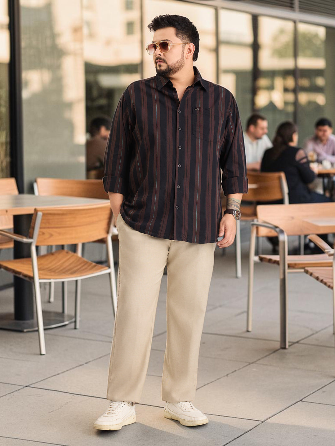 Plus Size Cotton 1 Pocket Regular Fit Smart Casual Shirt  - Coffee - Style 1268