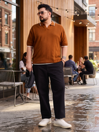 Flat Knit Half Sleeve Polo Ribbed T Shirt  - Rust - Style 138-Rust