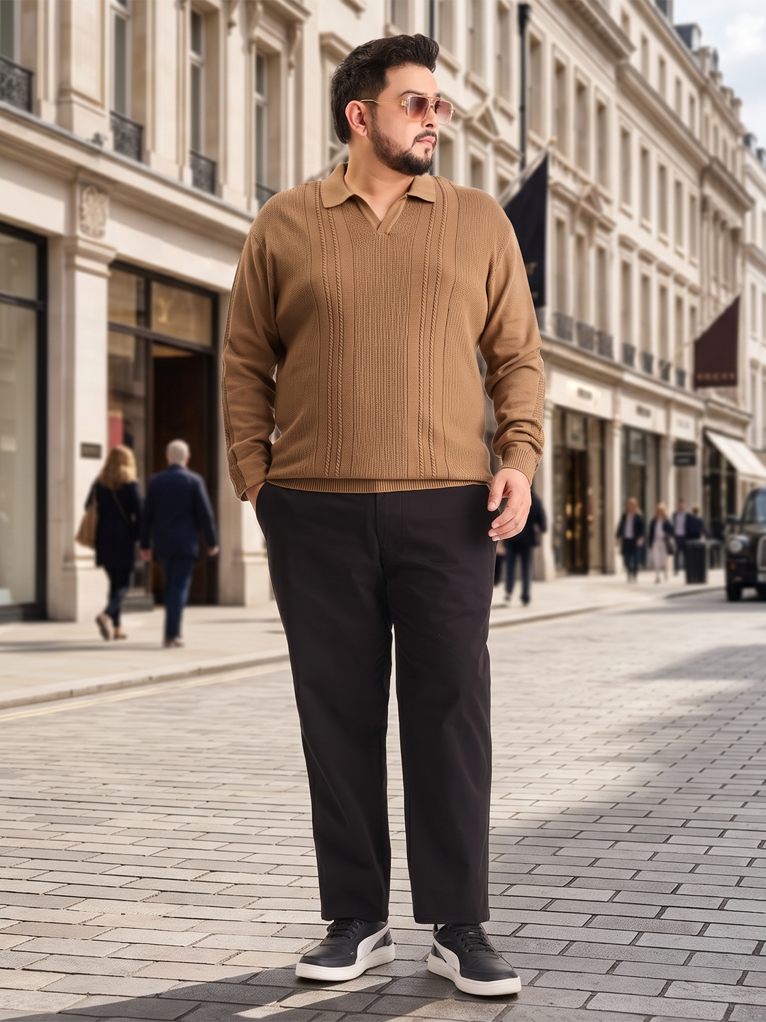 Flat Knit Full Sleeve Polo Ribbed T Shirt  - Khaki - Style 136