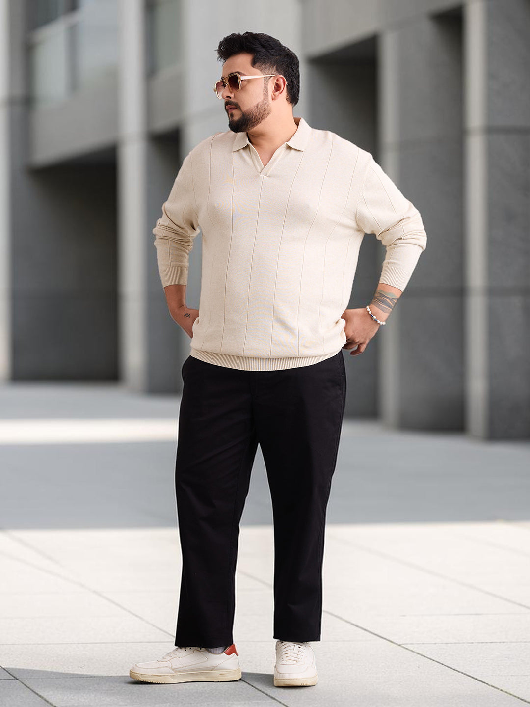 Flat Knit Full Sleeve Polo Ribbed T Shirt  - Ash Grey - Style 137