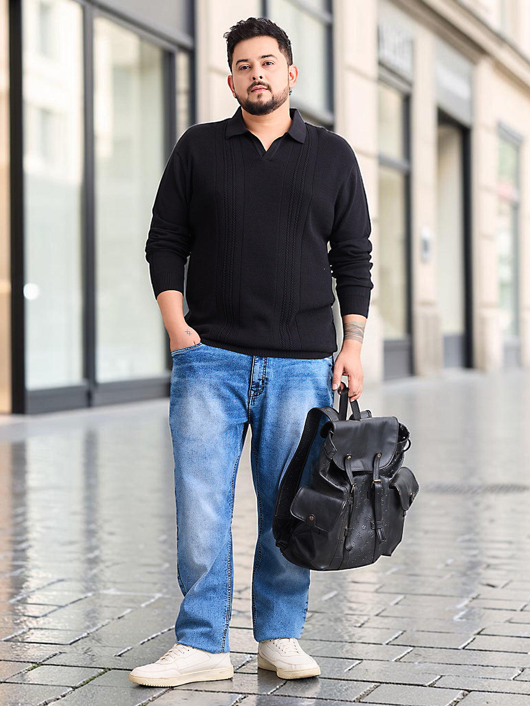 Flat Knit Full Sleeve Polo Ribbed T Shirt  - Black - Style 136