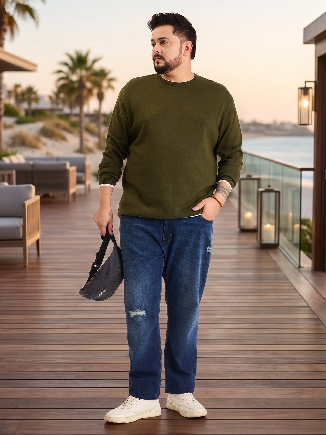Flat Knit Full Sleeve Polo Ribbed T Shirt  - Olive Green - Style 133