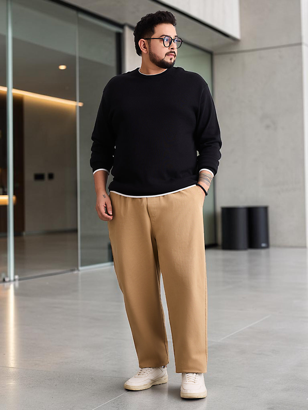 Flat Knit Full Sleeve Polo Ribbed T Shirt  - Black - Style 133