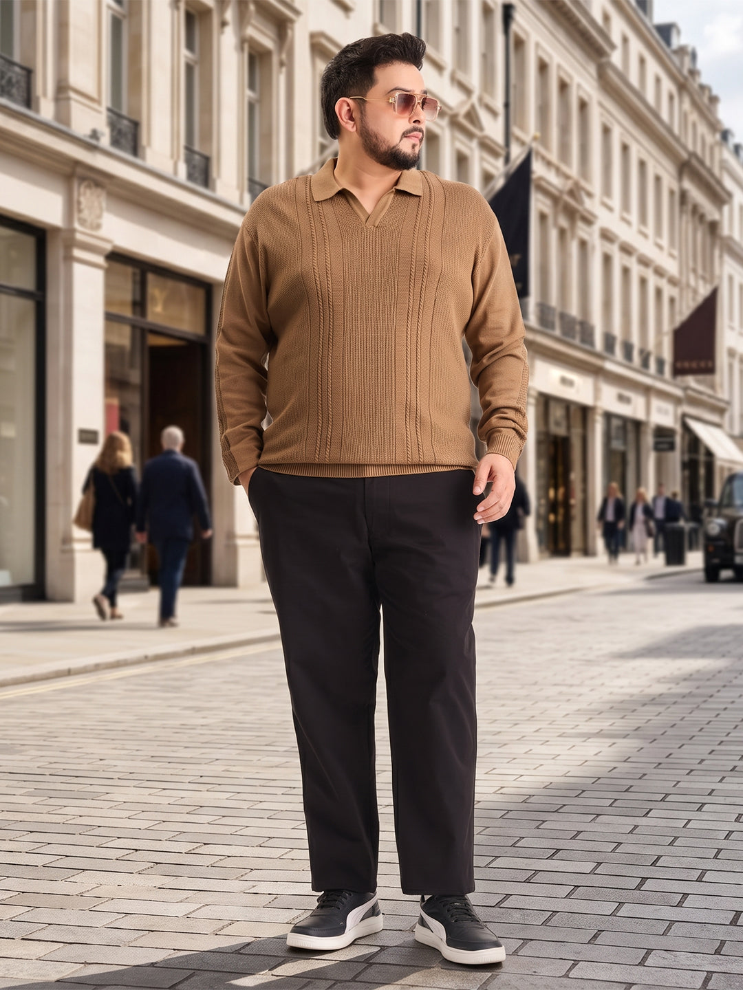 Flat Knit Full Sleeve Polo Ribbed T Shirt  - Khaki - Style 136