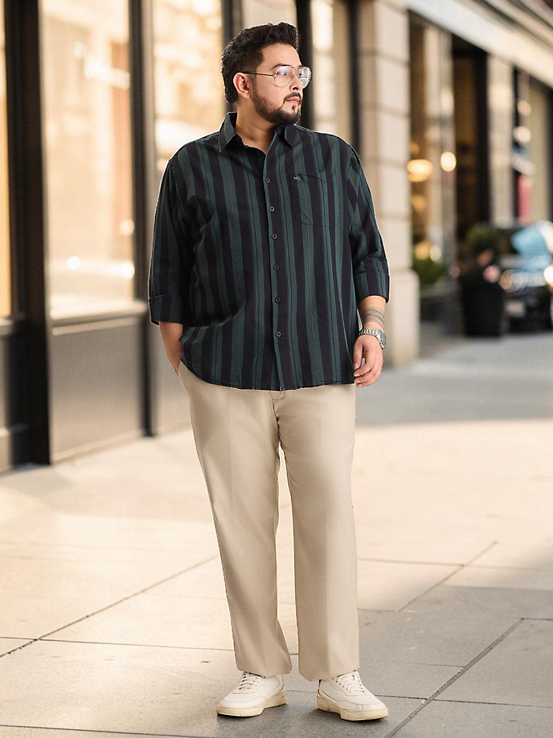Plus Size Cotton 1 Pocket Regular Fit Smart Casual Shirt  - Dark Green - Style 1268