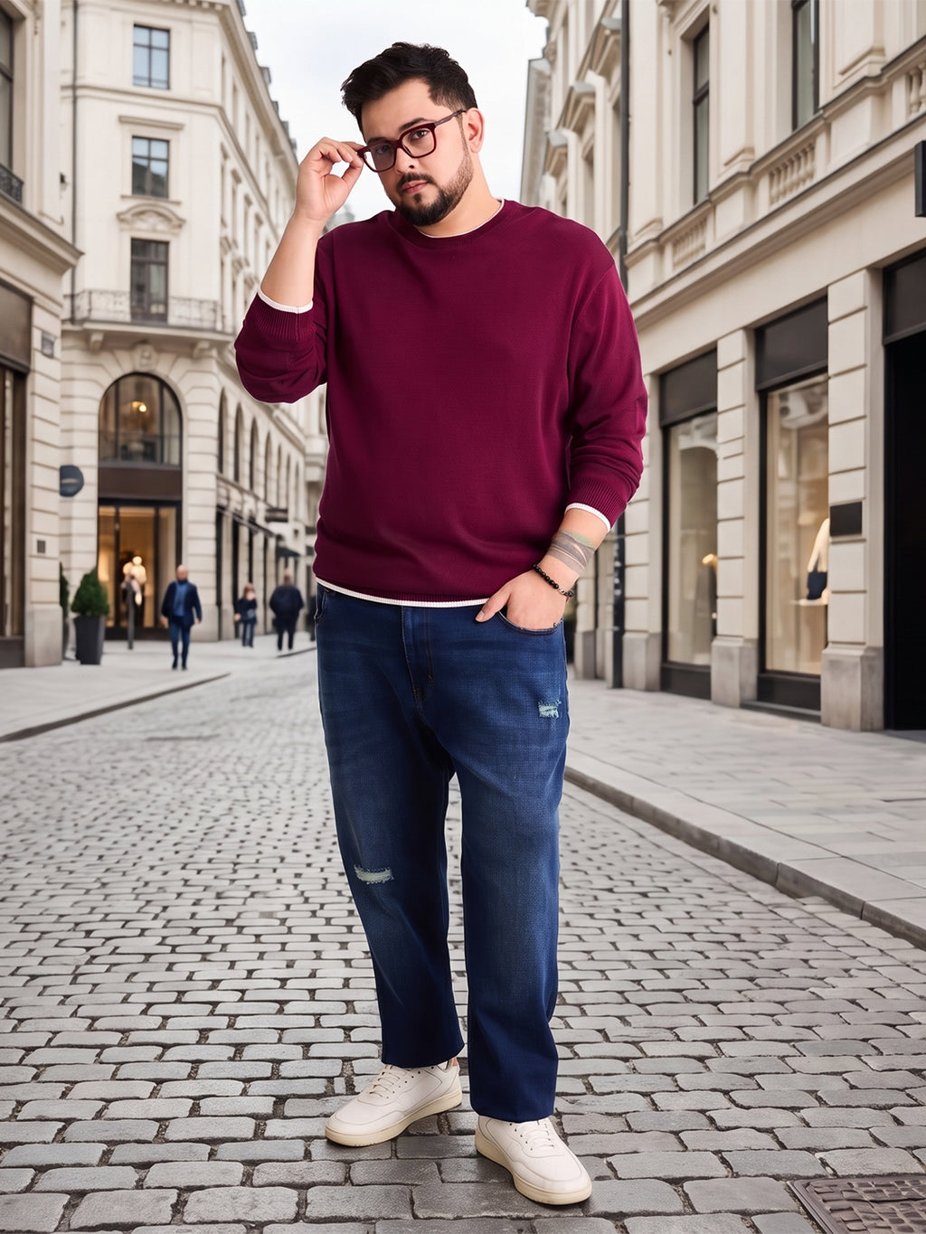 Flat Knit Full Sleeve Polo Ribbed T Shirt  - Maroon - Style 133
