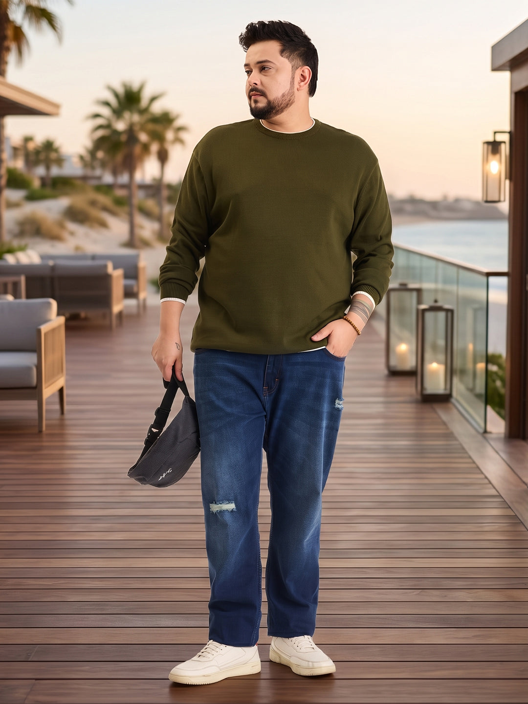 Flat Knit Full Sleeve Polo Ribbed T Shirt  - Olive Green - Style 133