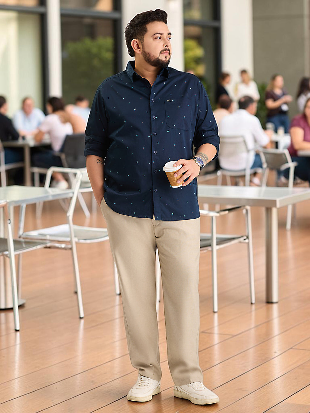 Plus Size Cotton 1 Pocket Regular Fit Smart Casual Shirt  - Navy - Style 1278