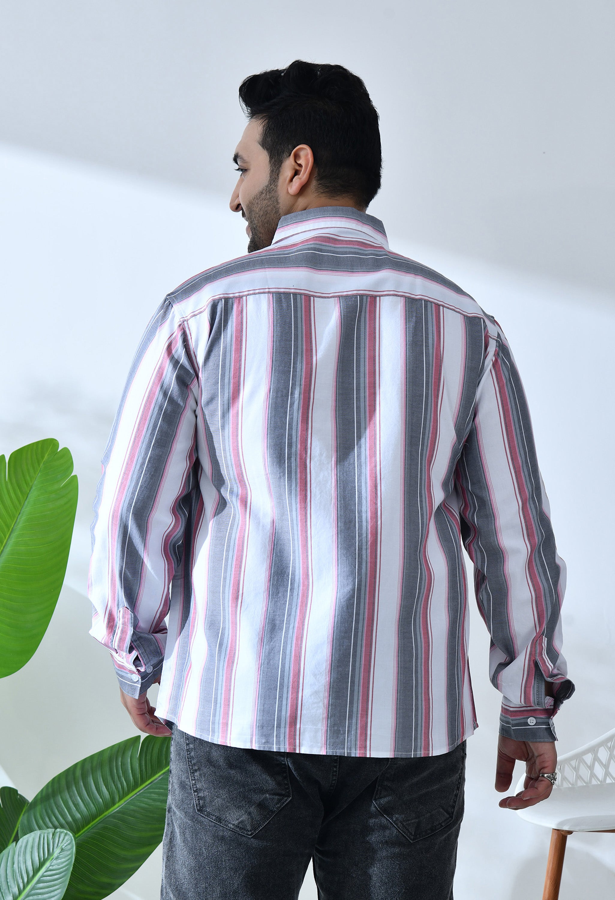 Men Cotton Red, Grey and White Stripes Classic Fit Pocket Smart Casual Shirt