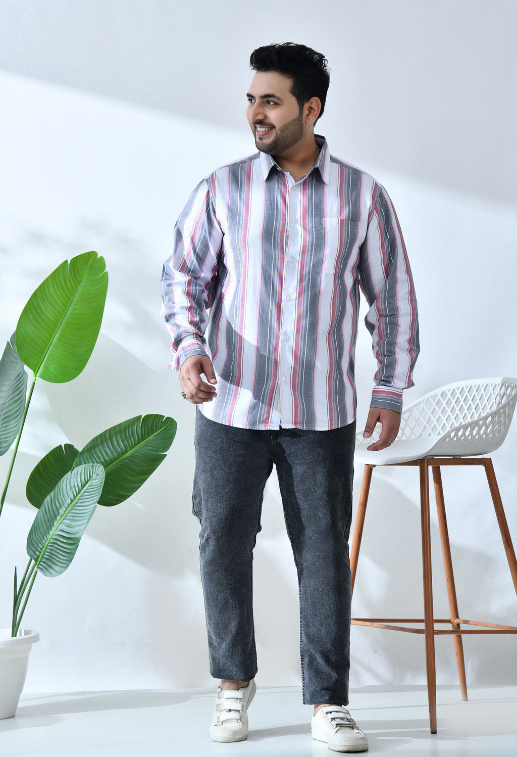 Men Cotton Red, Grey and White Stripes Classic Fit Pocket Smart Casual Shirt